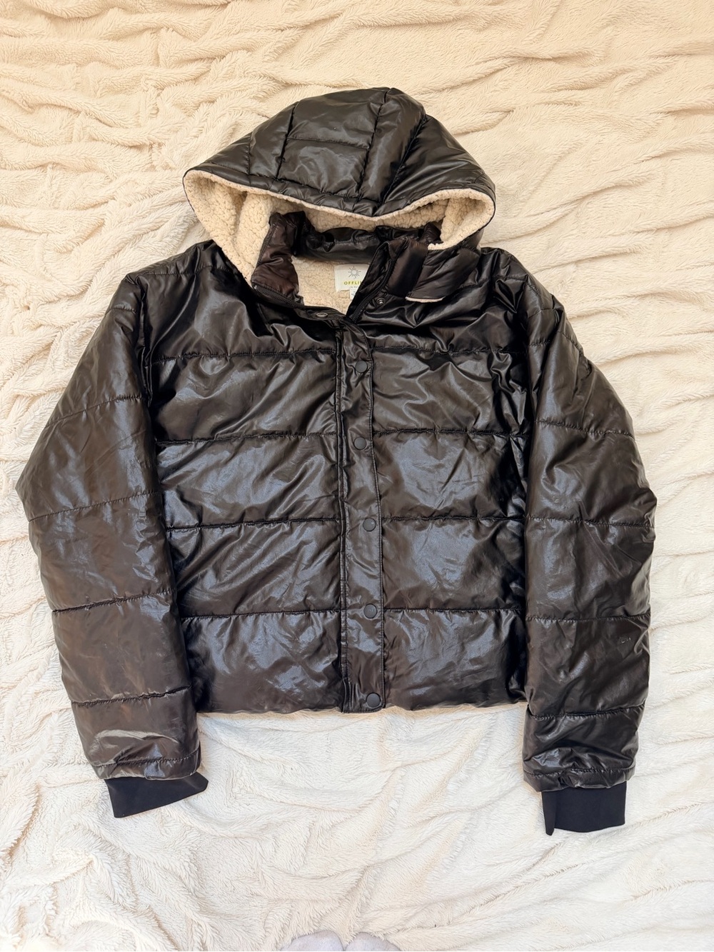 Aerie Offline Sherpa-Lined Glossy Puffer Jacket black Sz M